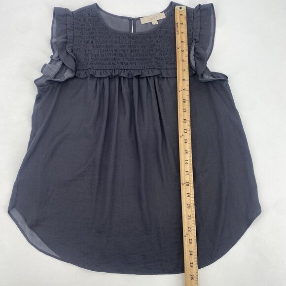 LOFT  Size M Gray Satin Sleeveless Smocked Ruffled Front Blouse - Picture 4 of 11